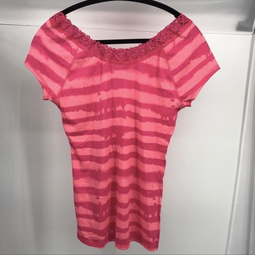 NEW Pink Striped Lace trim T-shirt Top M